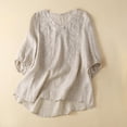 thumbnail image 2 of Women Cotton Linen Shirt Blouse V/Round Neck 3/4 Ruffle Sleeve Summer Fall Retro Embroidered Casual Loose Pleated Tunic Tee Tops,Beige,M, 2 of 5