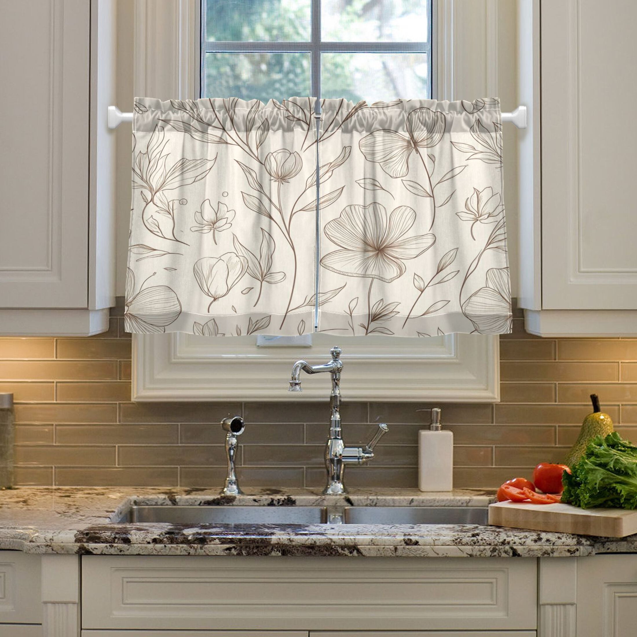 Elegant Line Art Floral Pattern 27"x36" Linen Look Cafe Curtain Set with Privacy and UV Protection