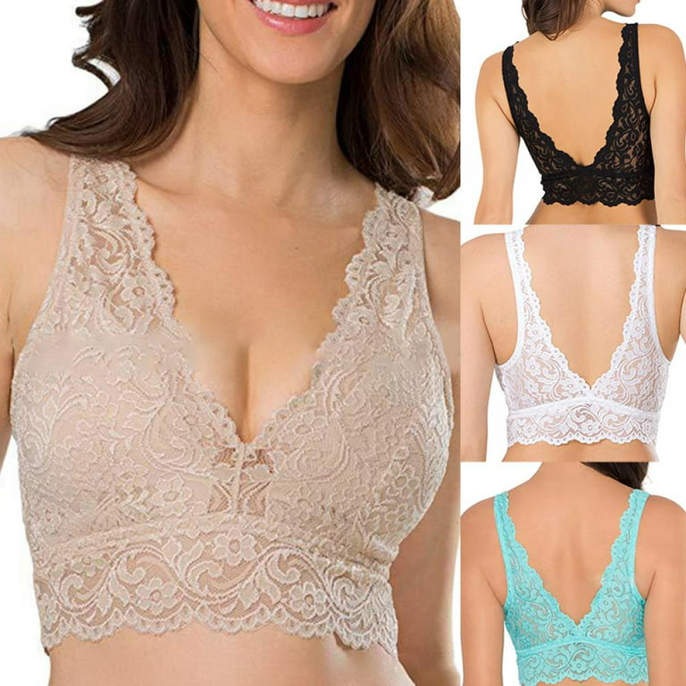 Kernelly Women's Deep V Neck Lace Bralette Floral Padded Lace Long Line  Wirefree Bra