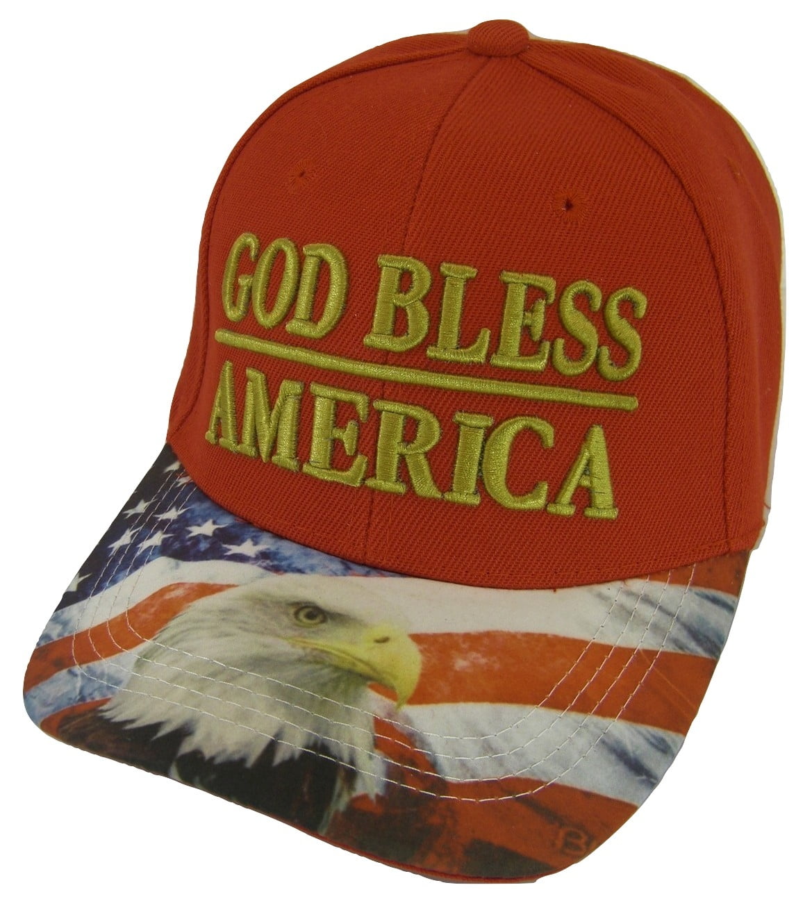 God Bless America Flag and Eagle Brim Patriotic Adjustable Baseball Cap (Red)