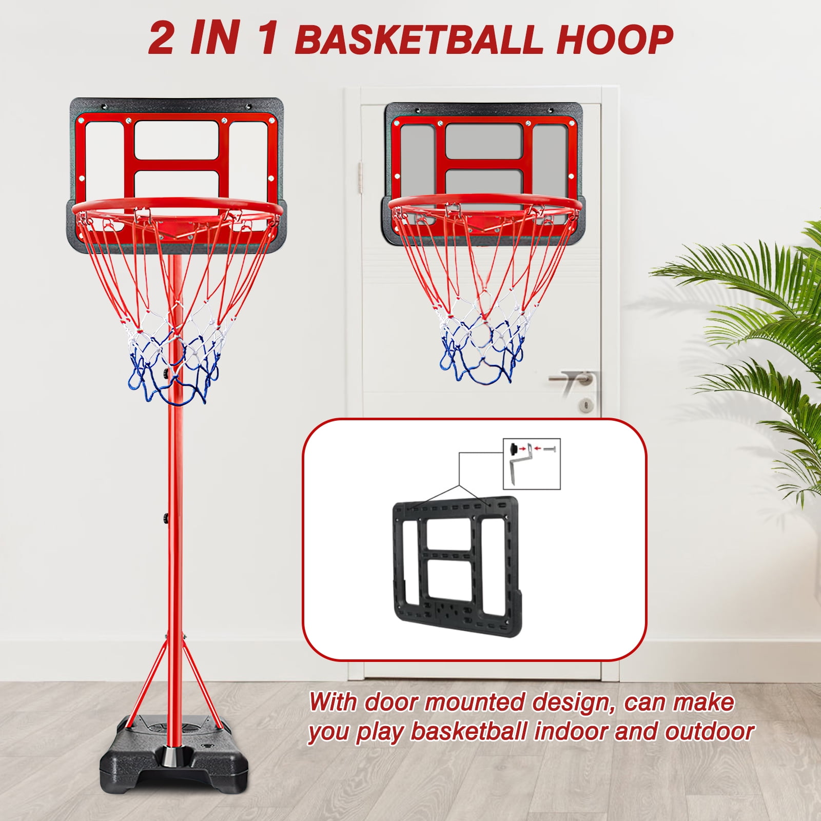2 In 1 8.86FT Basketball Hoop Stand for Kids Youth and Adults, Indoor Outdoor Basketball Goal System with Fillable Base, 3 Balls, Adjustable Height Backyard Sport Game Gifts Toys