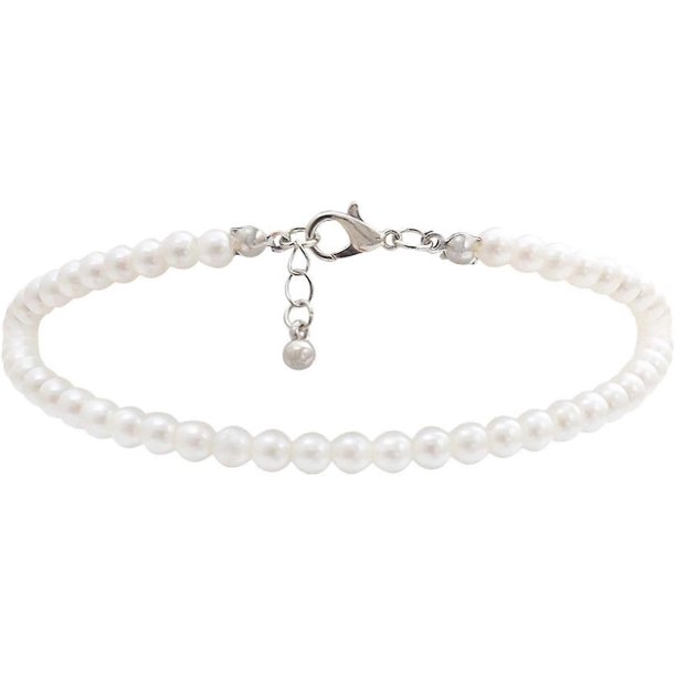 Tobilleras para mujer, pulseras de pie con perlas de imitación a juego, collares de cuentas redondas, estrellas de metal, joyería para tobillos (blanco), 22 centímetros --- Código de modelo 30367