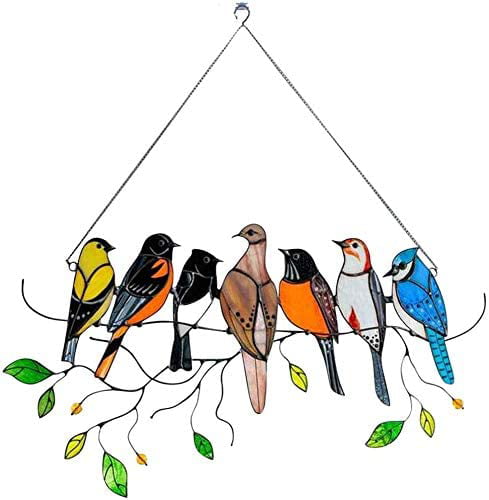 Multicolor Birds on Branch High Stained Glass Suncatcher Window Panel Home Decor 