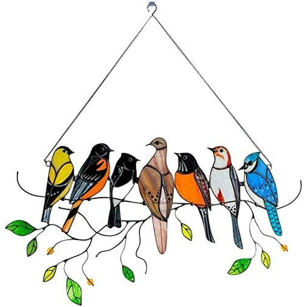 4 7 Birds Series Hanging Ornaments Pendant Multicolor Birds On A Branch High Stained Ornament Glass Suncatcher Window Panel Home Decoration Home Decor Gifts For Bird Lover Walmart Com