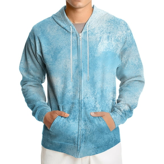 Domuza Zip Up Hoodie Men Long Sleeve Lightweight Casual Drawstring Sweatshirt Fall Winter Cotton Soft Tie Dye Pullover with Kangaroo Pockets Cyan M