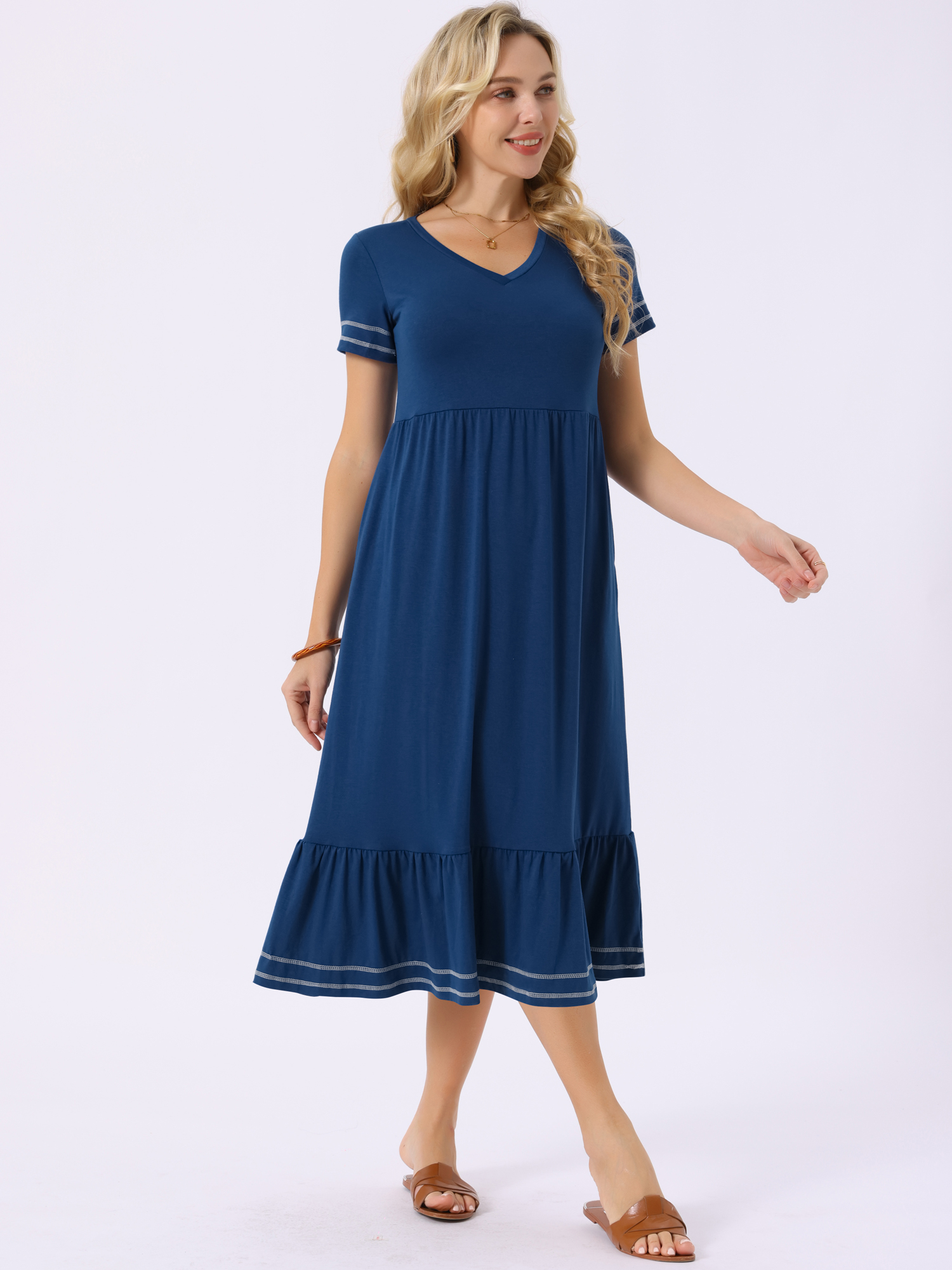 DARING DIVA Short Sleeve V Neck Contrast Trim Flowy Dress XL Blue