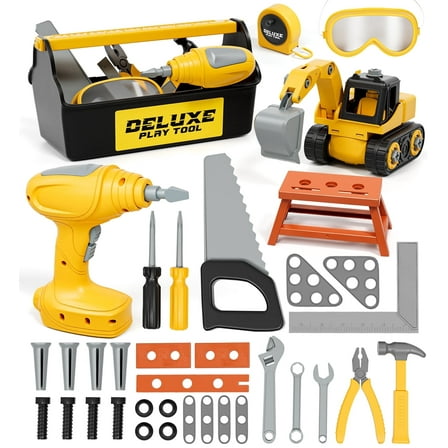 Kids Tool Set – Toddler Tool Set with Construction Vehicle & Electronic Toy Drill, Pretend Play Kids Toys, Toy Construction Tools for Kids Ages 3 4 5 6 7 8 Years Old (Black & Yellow)