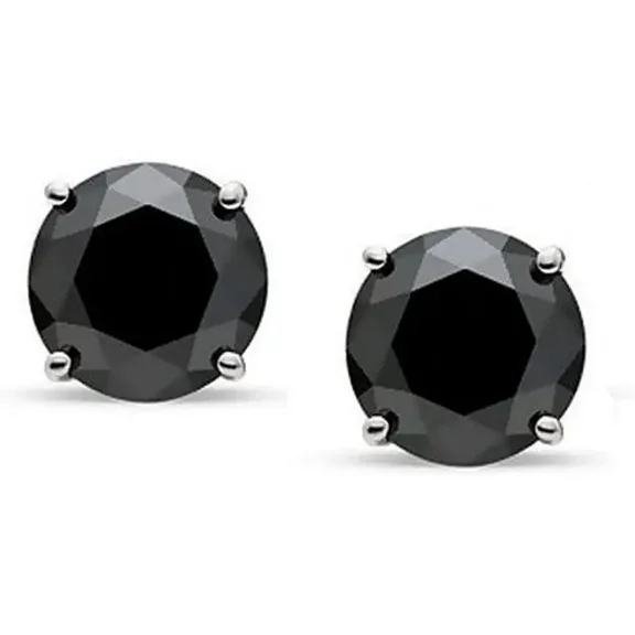 14k White Gold Finish Black Diamond Stud Earrings In 925 Sterling Silver