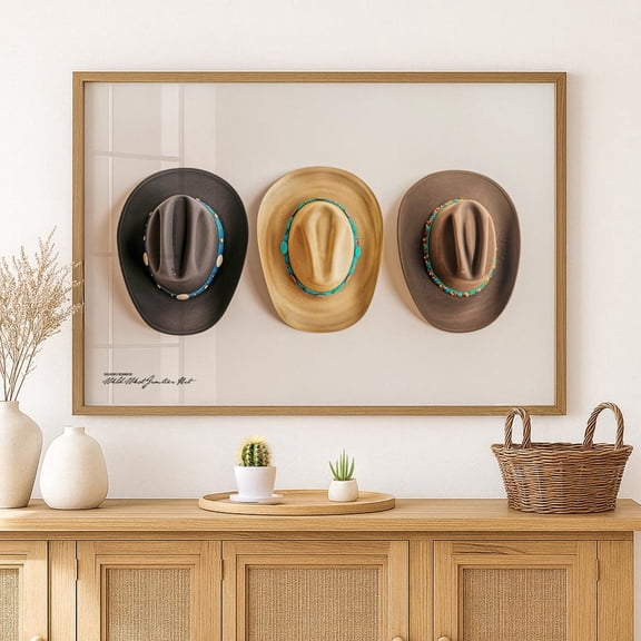 Three Cowboy Hats With Turquoise Bands Western Art Poster– Rustic Wall Decor For Ranch, Farmhouse, Or Southwestern Home Home Decor UNFRAMED Poster, Wall Art for Decor, Present, 8x12