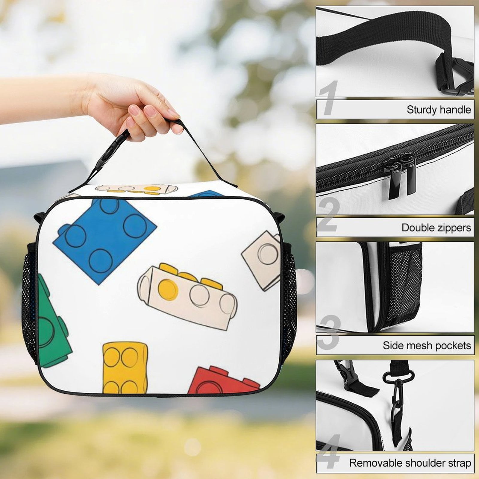 11.8×9.6in Large Capacity Rectangular Lunch Bag Durable Storage Convenient Thermal Insulation And Cold Pocket Design Multicolored Building Block (15)
