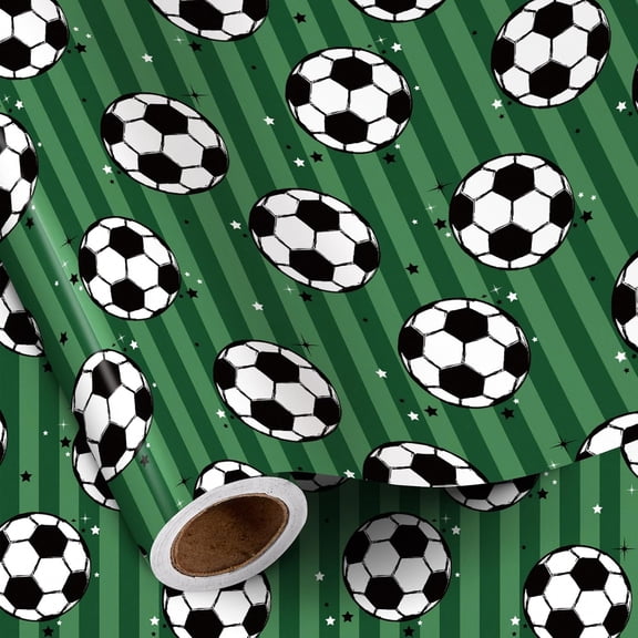 58"x 23" inchs Soccer Wrapping Paper Roll Classic Black and White Soccer Ball Pattern, Green Sports Gift Wrap Paper for Birthday, Team Party, Coach Gifts