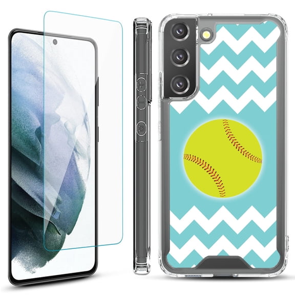 Shockproof Bumper Phone Case for Samsung Galaxy S22  / S22 Plus 5G, with Tempered Glass Screen Protector, by OneToughShield ® - Chevron/Softball