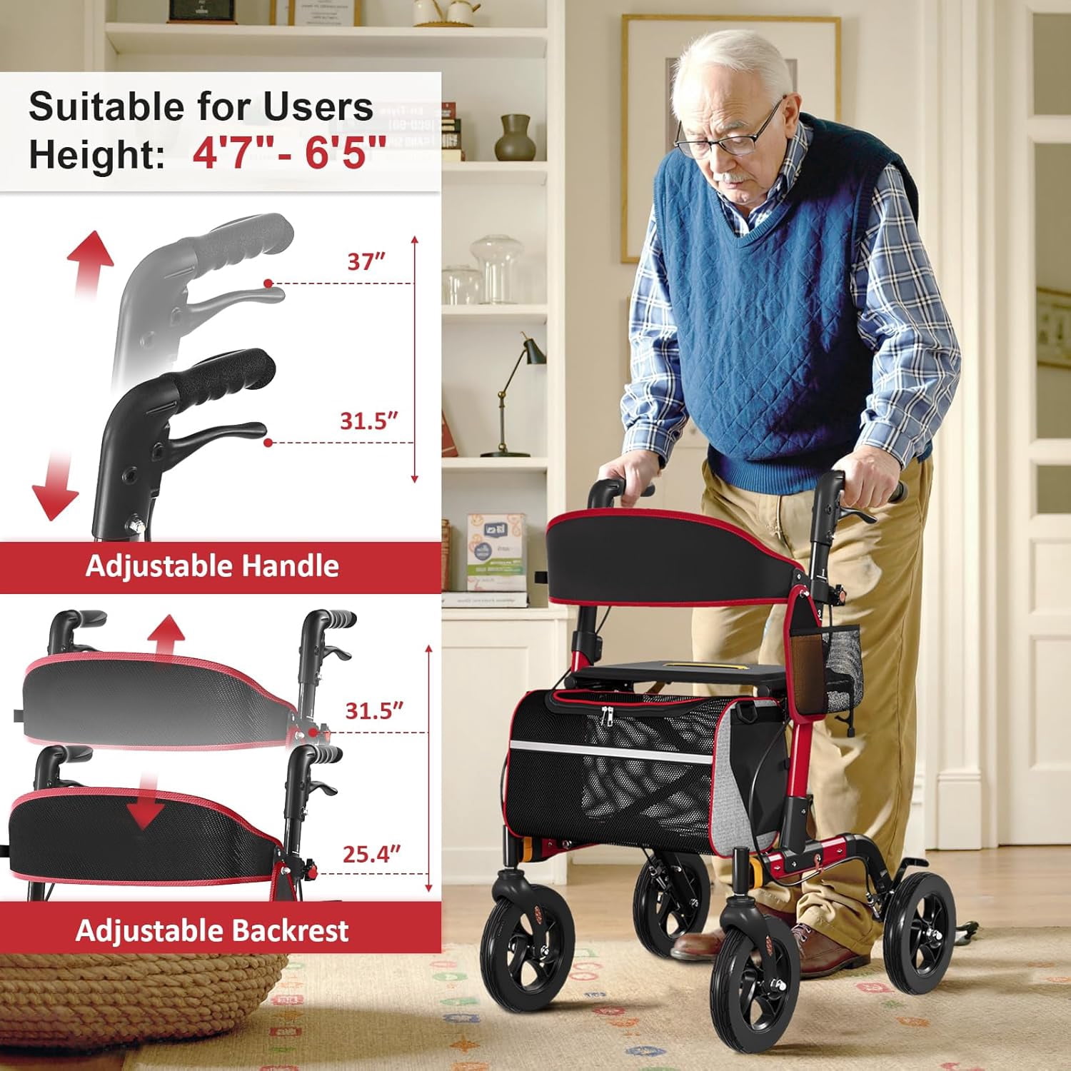 Aukfa Lightweight Rollator Walker with Seat,8" Big Wheels All Terrain Rolling Walker for Seniors,350 lbs Capacity, Red