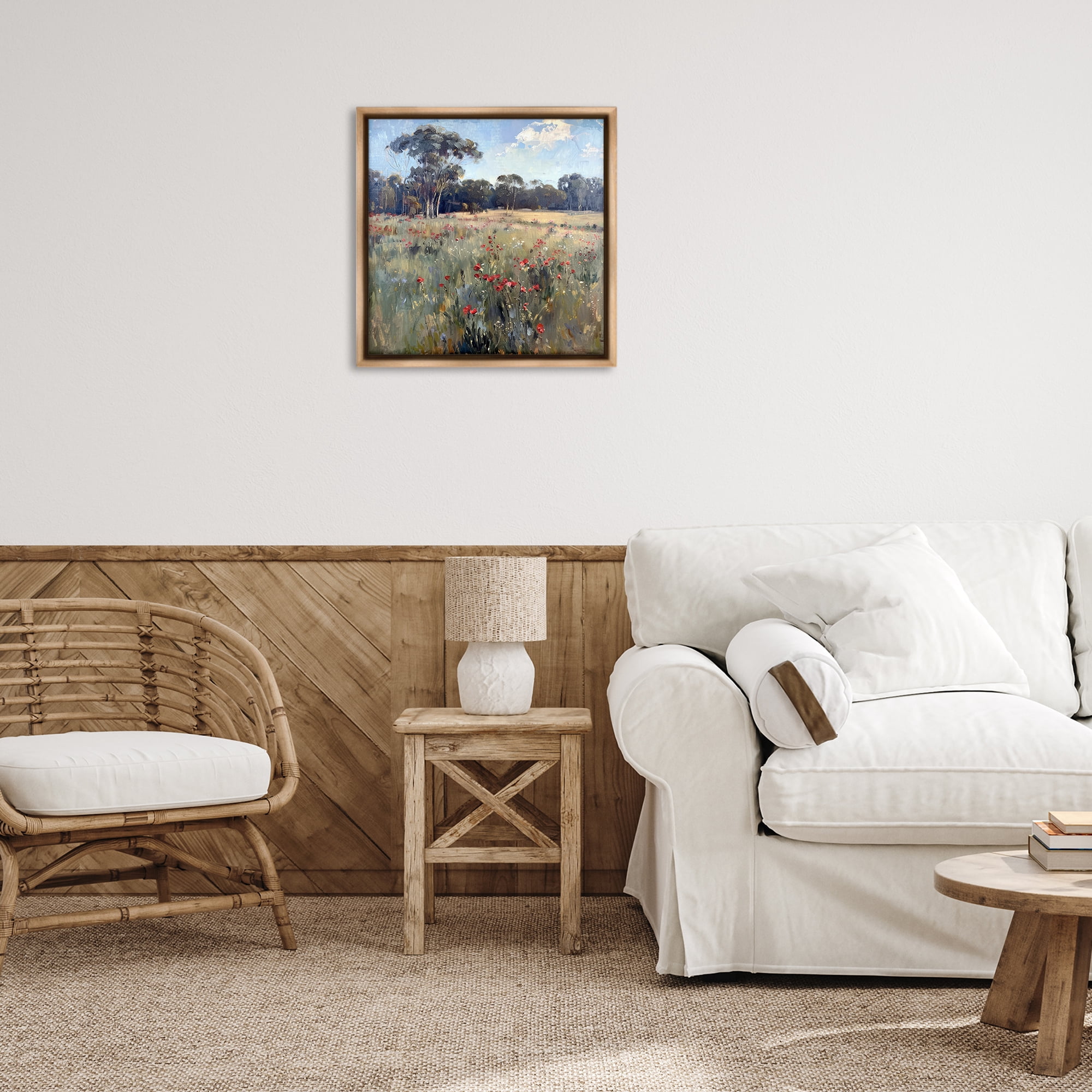 Stupell Industries Poppies in Vast Field Landscape & Nature Painting Brown Floater Framed Canvas Art Print Wall Art, 25 x 25