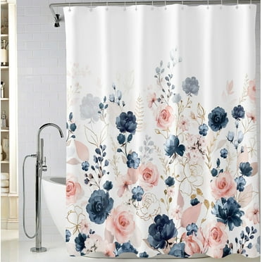 Bevtee Blue and Pink Floral Shower Curtain, Waterproof Fabric Flowers Bathroom Shower Curtain with 12 Hooks, 72 x 72 Inch