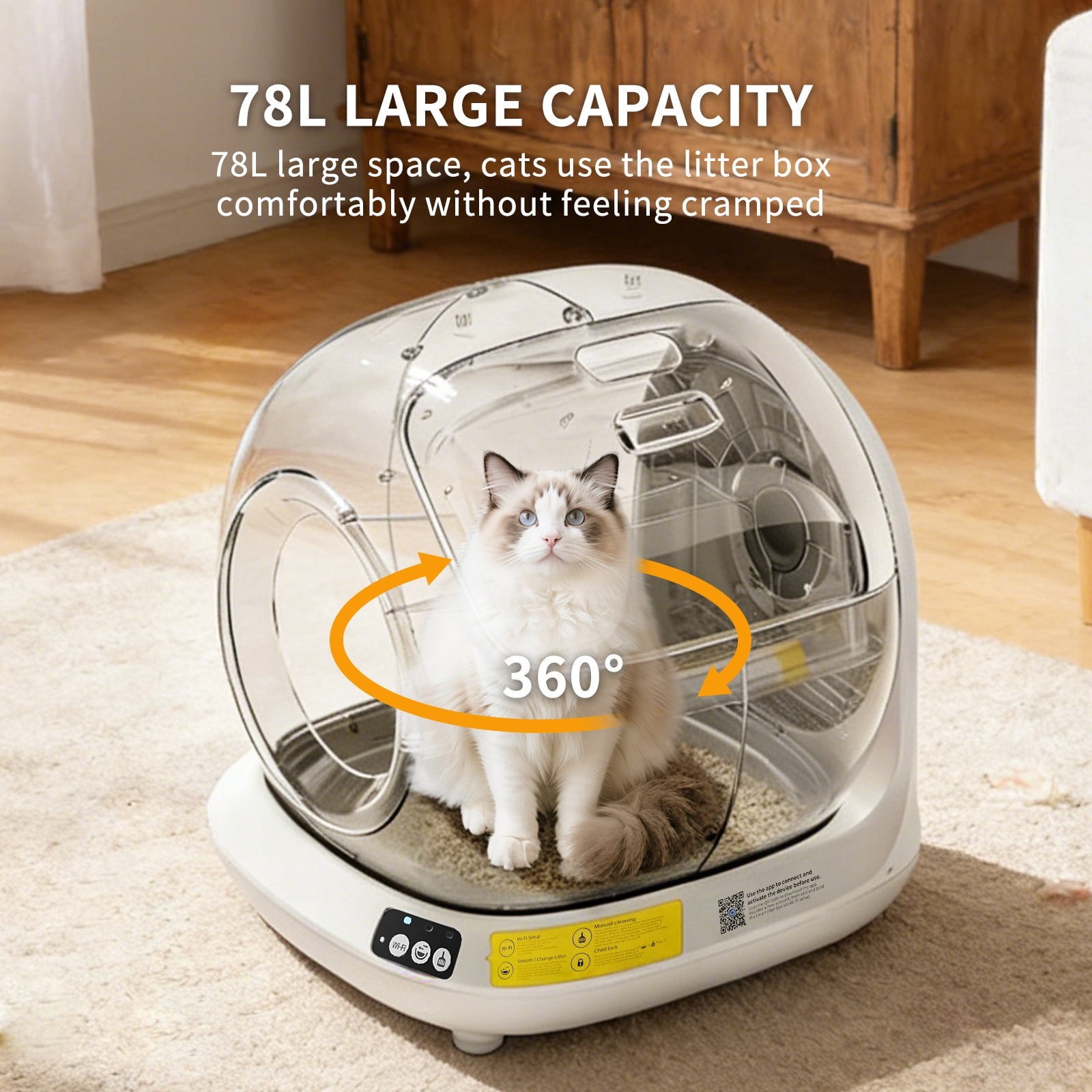 Self-Cleaning Cat Litter Box, 78L Extra Large Open Automatic Cat Litter Box for Multi Cats, Integrated Safety Protection/APP Control/Odor Removal Smart Box