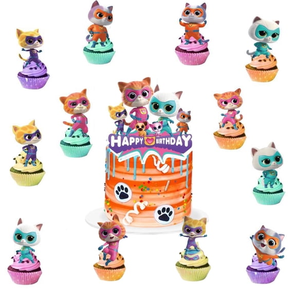 25pcs Super Kitties Birthday Decorations with 24pcs Cupcake Toppers, 1pcs big Cake Topper for Birthday Party Supplie