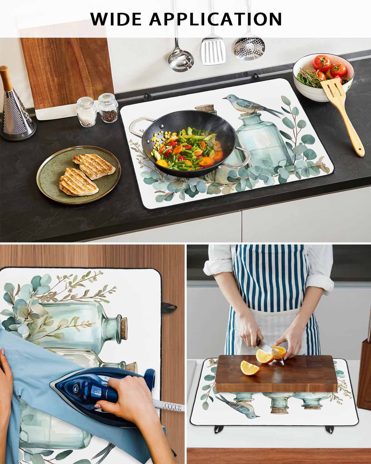 nqOlkjepod Large Induction Cooktop Protector Mat 24"x21", Green Eucalyptus Leaves Stove Top Covers for Electric Stove, Spring Botanical Vase Birds Stove Burner Cover Mats, Glass Top Stove Cover