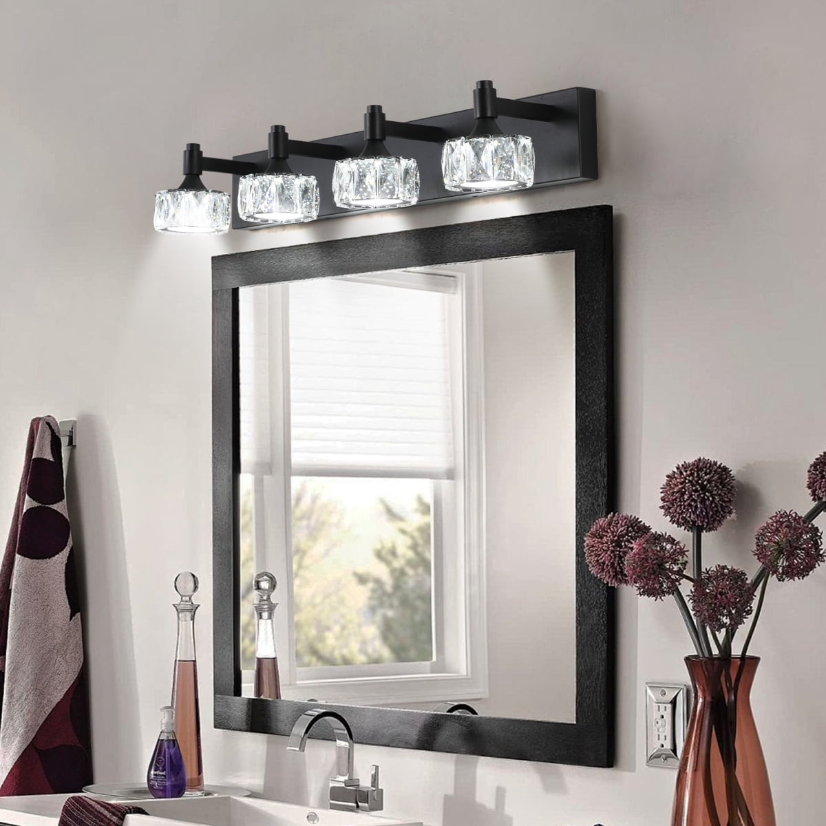 Modern 4-Light Matte Black LED Vanity Light Fixture with Crystal Glass Shades, Bathroom Wall Sconce for Elegant and Contemporary Home Decor On-Site