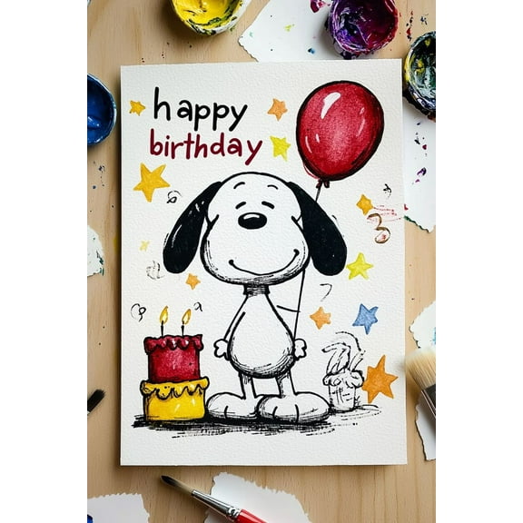 Happy Birthday Card Featuring Adorable Dog with Balloon and Cake – Blank Inside for Personal Messages – Perfect for Kids and Dog Lovers