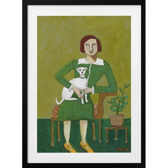 Vintage Lady with her white dog Framed Art Modern Wall Decor