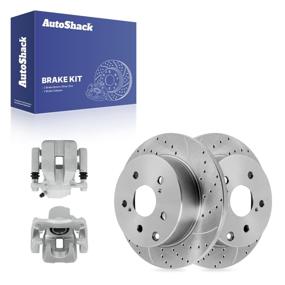 AutoShack Rear Brake Rotors & Calipers for Toyota, RAV4 2006-2012, 4WD FWD L4 2.4L 2.5L V6 3.5L - Silver Zinc Coated Drilled & Slotted - SilverShield Pro - 11.06" (281 mm), 5-Lug
