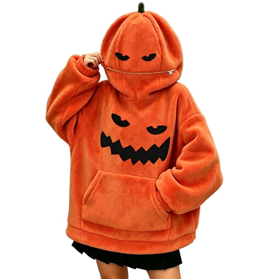 AHMOMEI Halloween Hoodies 3D Pumpkin Full Zip Face Plush Unisex Pumpkin Hoodie with 3D Hood & Large Kangaroo Pocket Y2k Orange Sweatshirt for Halloween Party Daily Wear S