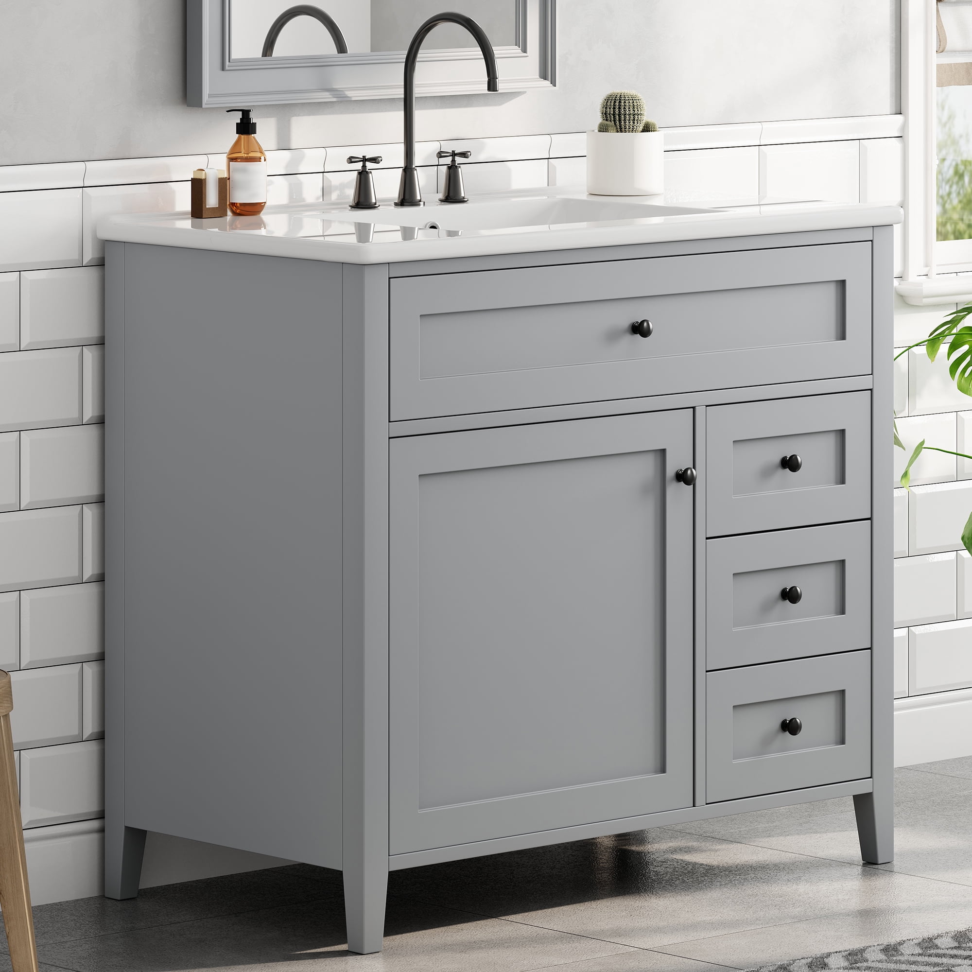 Anpport 36" Freestanding Bathroom Vanity with Sink, Modern MDF & Rubberwood Cabinet, 3 Drawers, Adjustable Shelf & Left‑Side Door, Grey