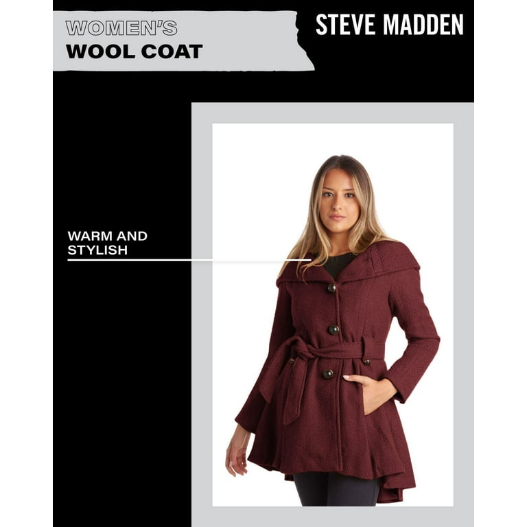 Steve Madden Women s Coat Single Breasted Wool Peacoat with Oversized Hood Tie Belt S XL Walmart