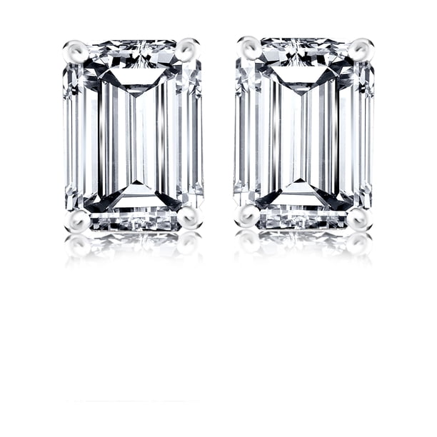 JeenMata Pendientes Minimalistas con Solitario de Moissanita de Talla Esmeralda de 2 Quilates Bañados en Oro Blanco de 18 K sobre Plata