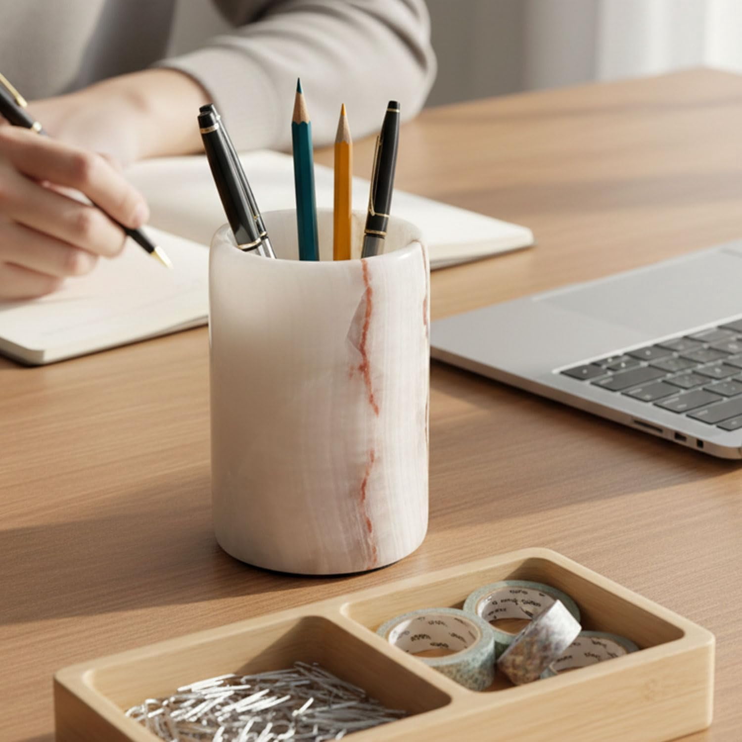 Radicaln White Onyx Marble Stationary Holder 4" – Pen Cup for Desk, Makeup Brush Organizer, Toothbrush Holder, Pencil Storage, Office Supplies & Home Décor