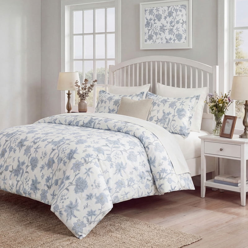 Blue Floral Duvet Cover King Size, 100% Cotton Bedding Set with Zipper Closure & Corner Ties, Soft Breathable Branches Botanical Floral Duvet Cover Set for All Seasons