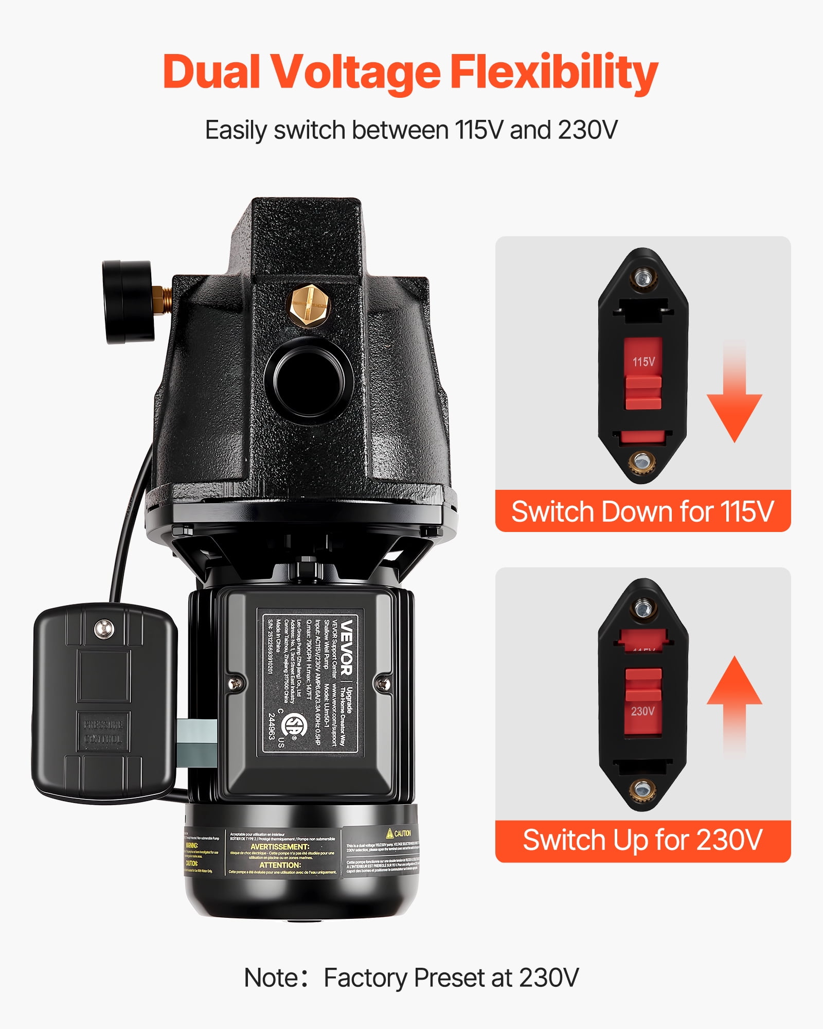 VEVOR 1/2 HP Shallow Well Jet Pump, AC 115/230 Volt, 790 GPH Dual Voltage Cast Iron Well Jet Pump, with 147 ft Max Head Lift, Automatic Pressure Switch, for Garden Irrigation Lawn Sprinkler System