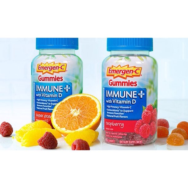 EmergenC Immune+ Vitamin C Gummies, Super Orange 45 ct + Raspberry 45