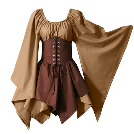 

knqrhpse Casual Dresses For Women For Womens Trumpet Sleeve Irish Shirt Dress With Corset Traditional Dress Women M Dresses For Women 2023 Womens Dresses Brown L