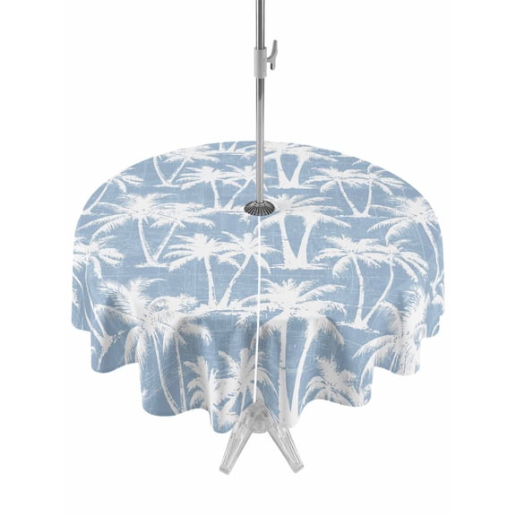 Outdoor Tablecloths with Umbrella Hole & Zipper, Light Blue Palm Tree Summer Round Tablecloth 54 Inch, Beach Tropical Coastal Waterproof Table Cloth, Patio/Pool/Picnic Table Covers