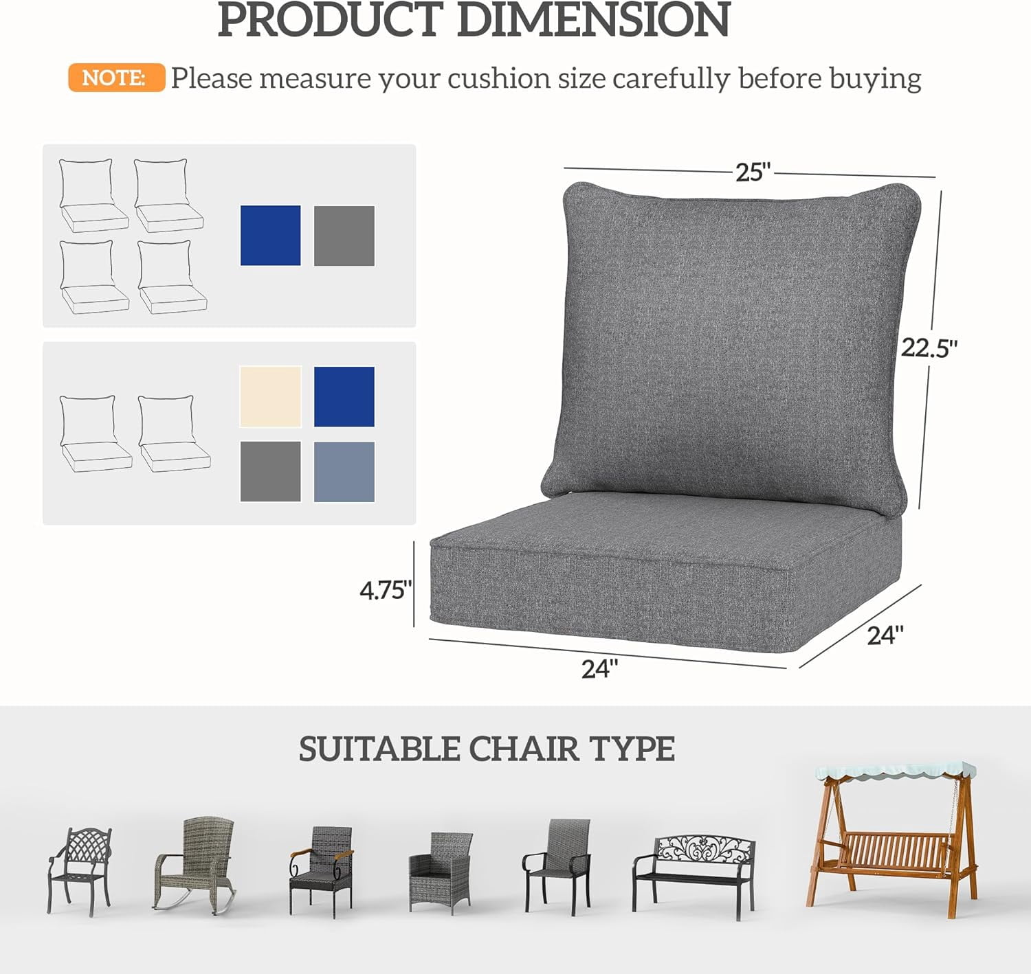 Outdoor Chair Cushions Set of 4, Fade Resistant, 24 x 24 in Deep Seat, Patio Cushions for Chair, Sofa, and Outdoor Furniture, Gray