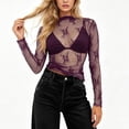 thumbnail image 4 of Alkepwun Cover Up Womens Sexy Mesh Sheer Long Sleeve Mock Neck T Shirt Casual Floral Lace Soft Breathable Summer Party Evening, 4 of 5
