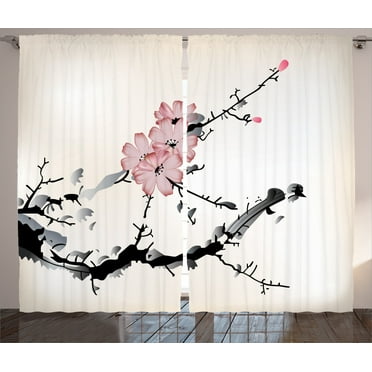 Ambesonne Flower Curtains 2 Panel Set, Watercolor Art, 108" x 90", Pink Black