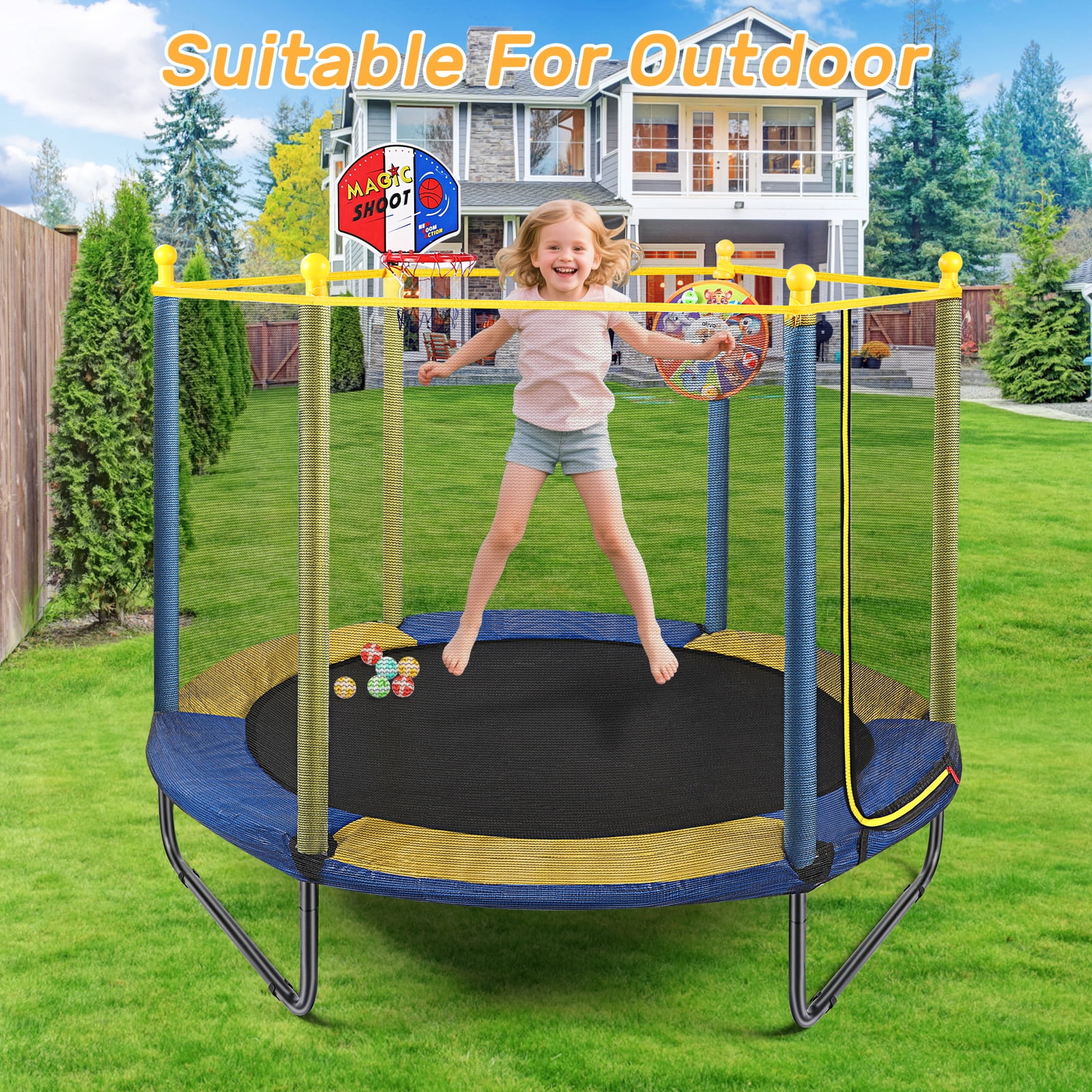 Fenbeli 60'' Kids Trampoline with Safety Net, Basketball Hoop & Dartboard, Indoor Outdoor Toddler Trampoline for Ages 1-8