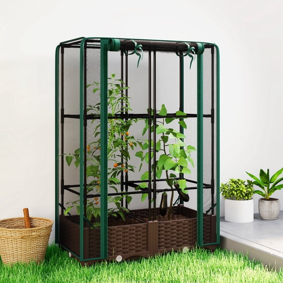 Outsunny Raised Garden Bed with Trellis, 46.5" Tomato Cage with Crop Cage, Self Watering Planter Box with Drainage Holes and Plugs, Green