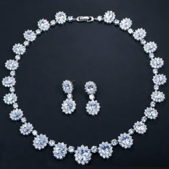 CZ Dark Blue Flower Necklace Earring Costume Jewelry Sets for Women