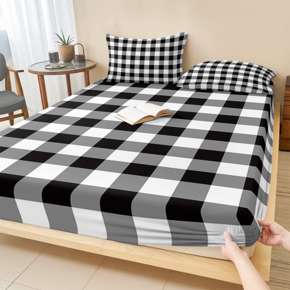 Cal.King Size Fitted Sheet Set - Black and White Checkered 3 Piece Bedding Sets 16" Deep Pocket Fitted Sheet with 2 Pillowcases, Farmhouse Buffalo Plaid Brushed Microfiber Hotel Luxury Bed Sheets