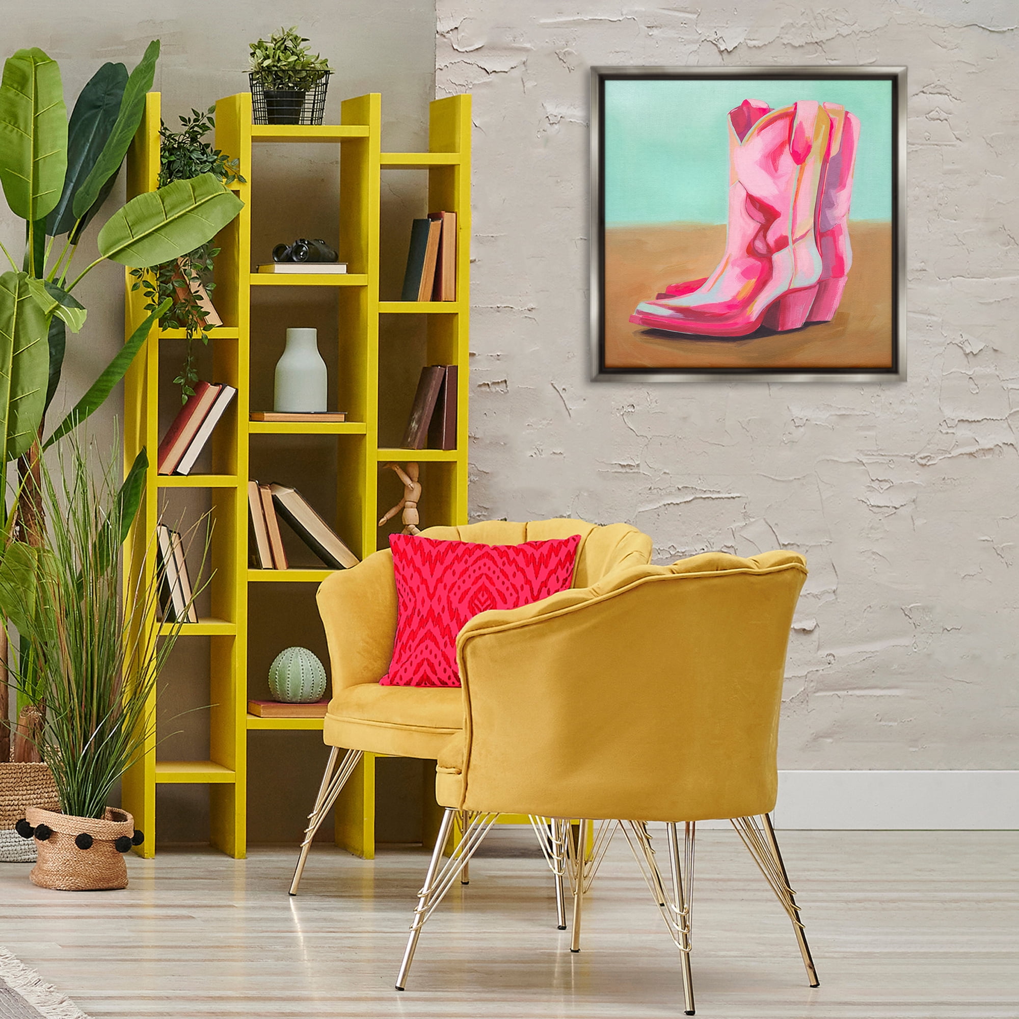 Stupell Industries Pink Heeled Cowgirl Boots Entertainment Painting Gray Floater Framed Canvas Art Print Wall Art, 25 x 25