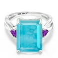 thumbnail image 2 of Gem Stone King 10K White Gold Green Turquoise and Purple Amethyst 3 Stone Engagement Ring for Women (5.38 Cttw, Emerald Cut 14X10MM, Trillion 4MM, Size 8), 2 of 5