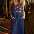 thumbnail image 5 of TEAJOPSUU Womens Floral Embroidered Overalls Square Neck Wide Leg Jumpsuits Spaghetti Strap Long Romper with Pockets Summer Beach Casual Wear Navy, 5 of 9
