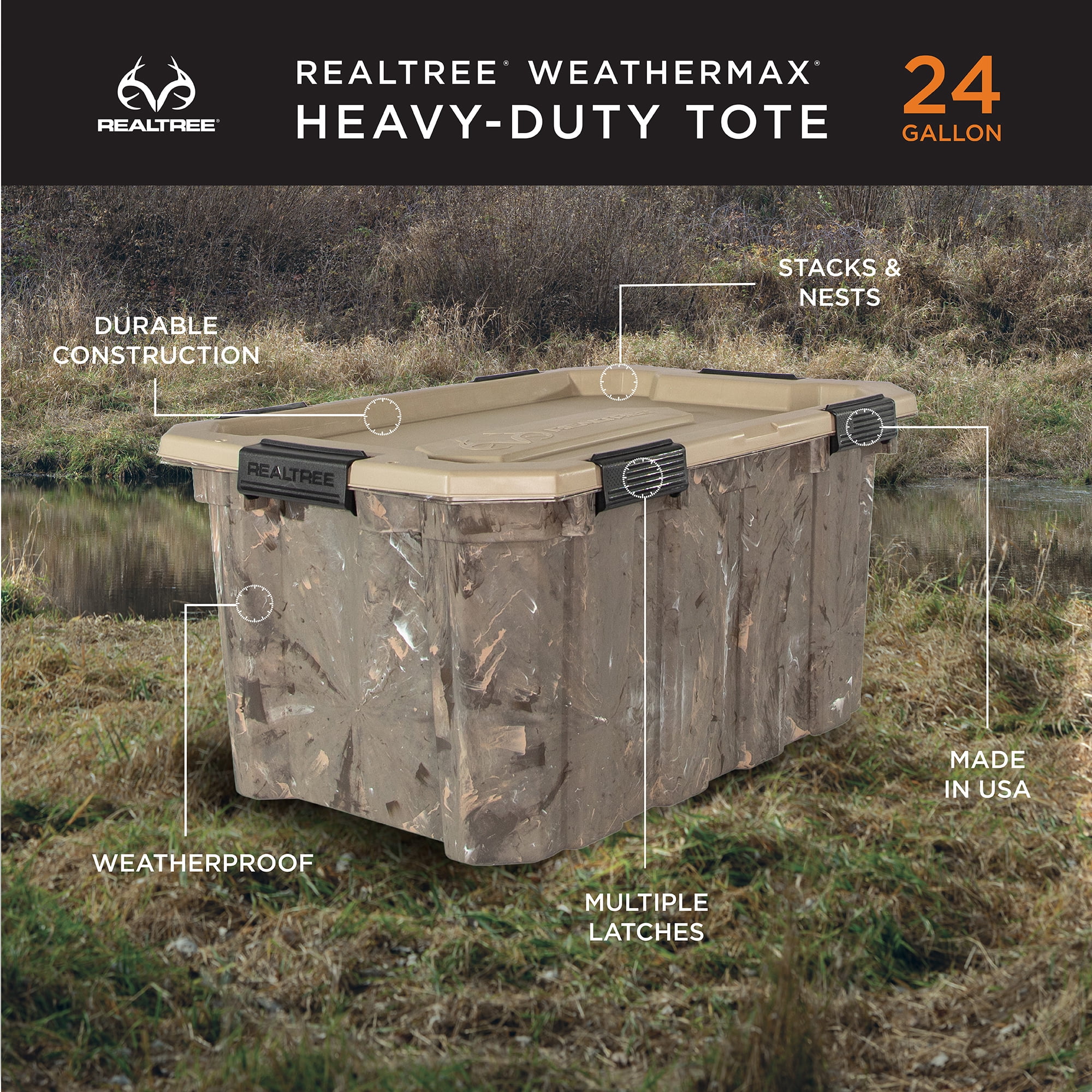 Realtree WEATHERMAX 24 Gallon Marbled and Tan Storage Tote with Latching Lid, Plastic Storage Bin, Pack of 2
