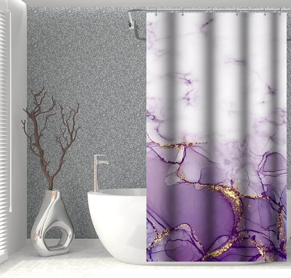 36x72inch Purple Marble Shower Curtain Lavender Golden Powder Colorful