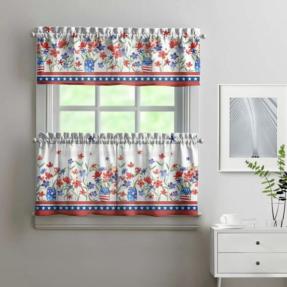 4th of July Kitchen Curtains and Valance Set of 3,Patriot Poppy Kitchen Decor for Home Indoor Decor,Independence Day Kitchen Curtains and Valance Set Short Curtain Sink Window 4th of July Decor 24In