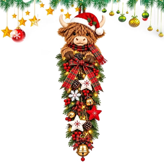 Christmas Teardrop Swag Highland Cow Christmas Door Decoration with Lights,Rustic Farmhouse Style Battery Operated Outdoor Indoor Christmas Hanging Decor For Front Door Porch Holiday Welcoming